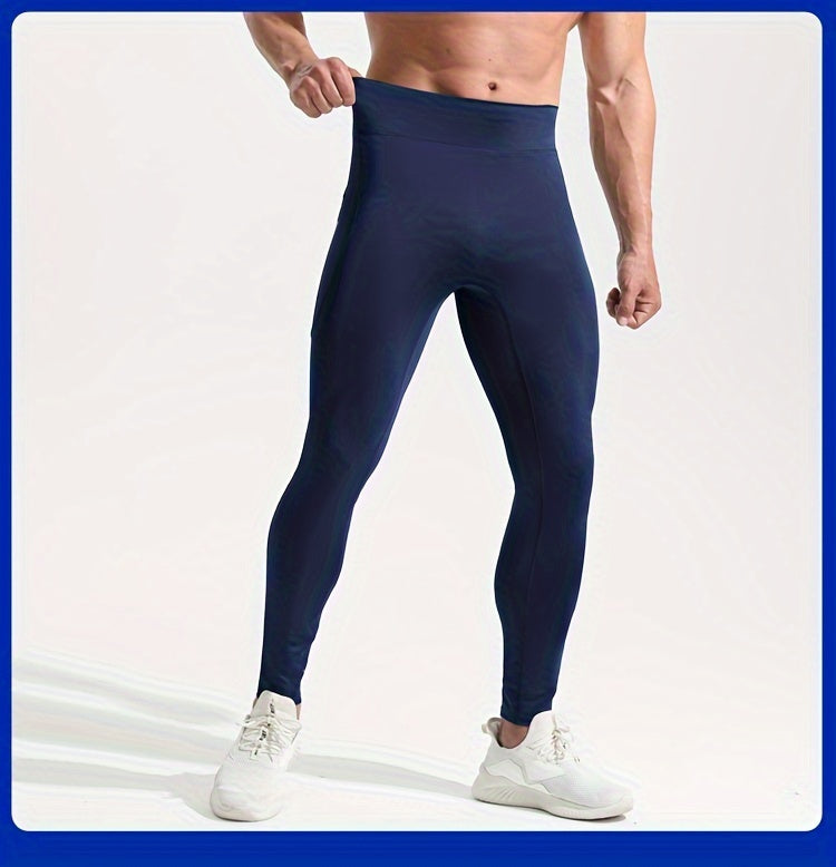 Men'S High Waist Compression Sports Leggings, Quick Dry, High Elastic, Polyester 90% Spandex 10%, Solid Color, Pocket Detail, Knit Fabric, Skinny Fit, Four Seasons, for Running, Yoga, Training, Basketball, Outdoor Activities