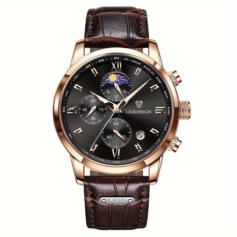 LIGE Men'S Quartz Watch | Vintage Style | Multi-Functional Chronograph | 30m | Calendar & Moon Phase | High-Quality Strap | Zinc Alloy Case, Electronic Drive | Non-rechargeable Button Battery | Luxury Business Watch, Business