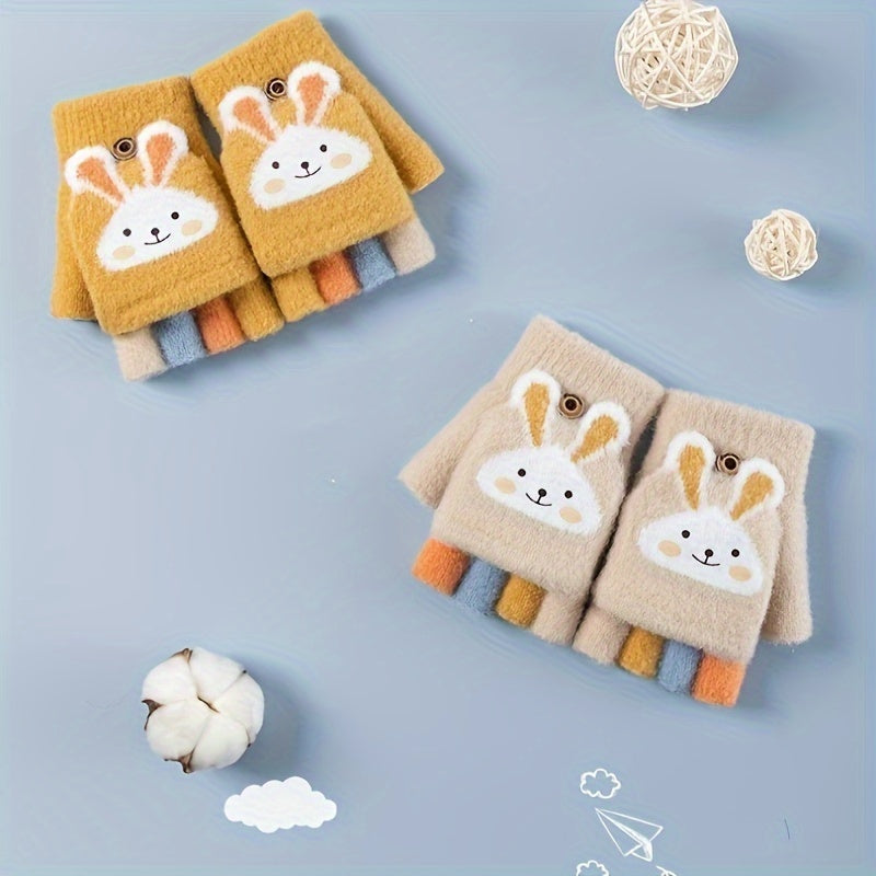 1 Pair Of Children's Gloves, Winter Five Finger Baby Thickened Half Finger Girl Knitted Cartoon Warm Flip Gloves