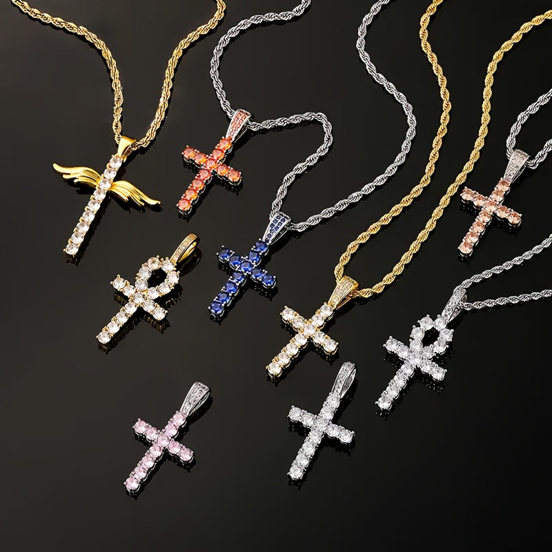Hip Hop Cross Copper With 4mm Zirconia 14K Golden Plated Pendant Necklace