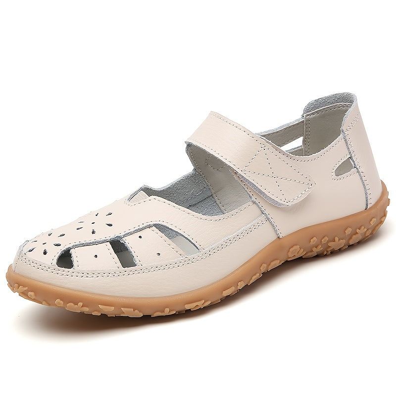 Soft Sole Women's Cut-out Flat Sandals, Non Slip Closed Toe Casual Walking Shoes with Hook & Loop