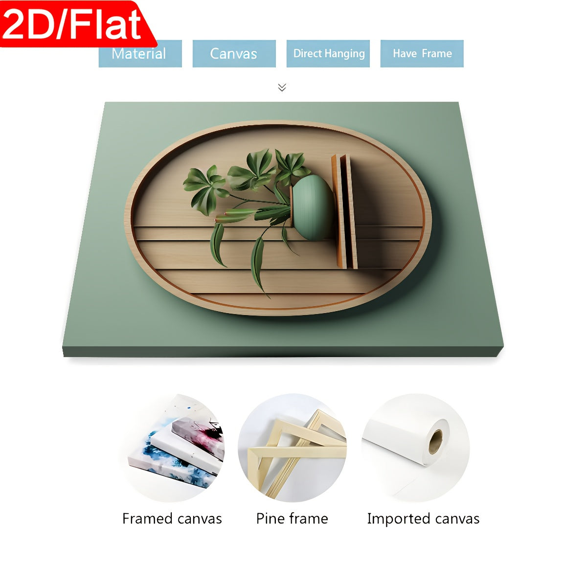 2D Flat Three 2D Printed Artworks with Frames, Including Canvas Paintings And Posters, Ready to Hang. They Feature a Modern Minimalist Style with Plant Vase Shapes, Creative Wood Carvings, And Serve As Home Decor, Wall Art, A