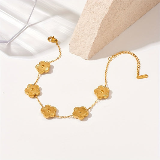 Elegant Stainless Steel Gold-Tone Cherry Blossom Flower Bracelet for Women and Men - No Mosaic, Versatile for Daily Wear and Gift Giving