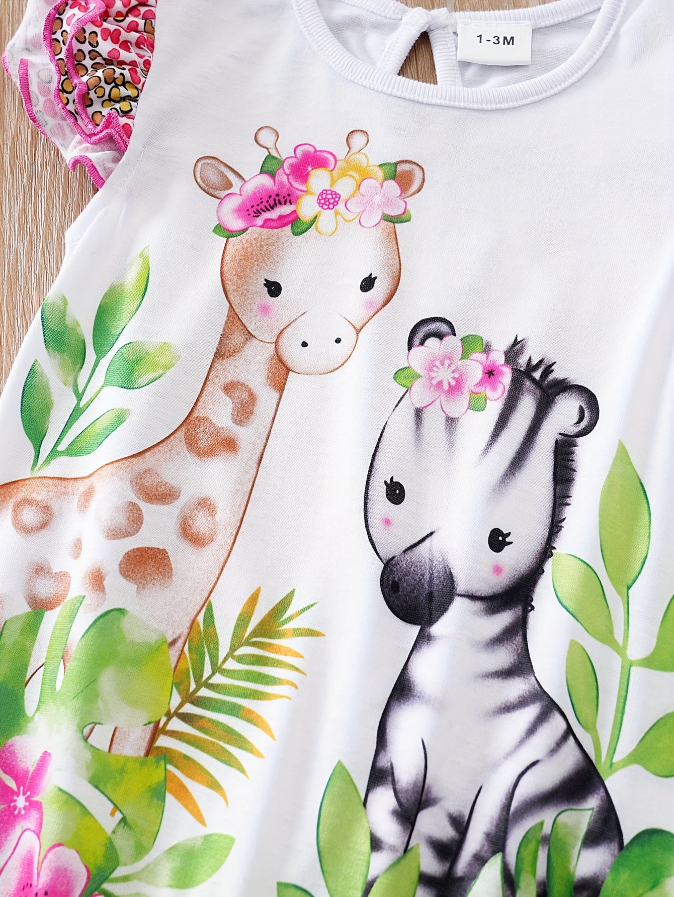 Baby Girls' Casual Romper - Cartoon Deer Print, Crew Neck, Polyester Knit Fabric with Slight Stretch - Summer Outdoor Wear | Flutter Sleeves | Hand Wash Only