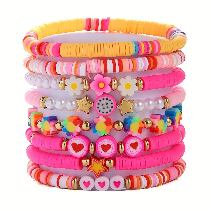 [Sweet Cute Bracelet Set] 8pcs Sweet Cute Pink Soft Clay Bracelet Set | Dragon Fruit Flower Heart Element for Women - Perfect for Valentine's Day and Music Festivals