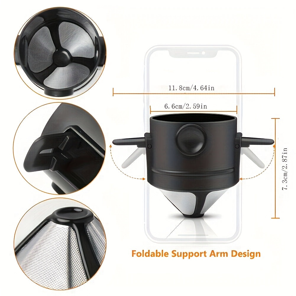 1pc Portable Pour Over Coffee Dripper, Reusable Stainless Steel Infuser with Folding Design, Plastic Material, Black, Manual Coffee Maker | Portable Infuser | Stainless Steel Dripper