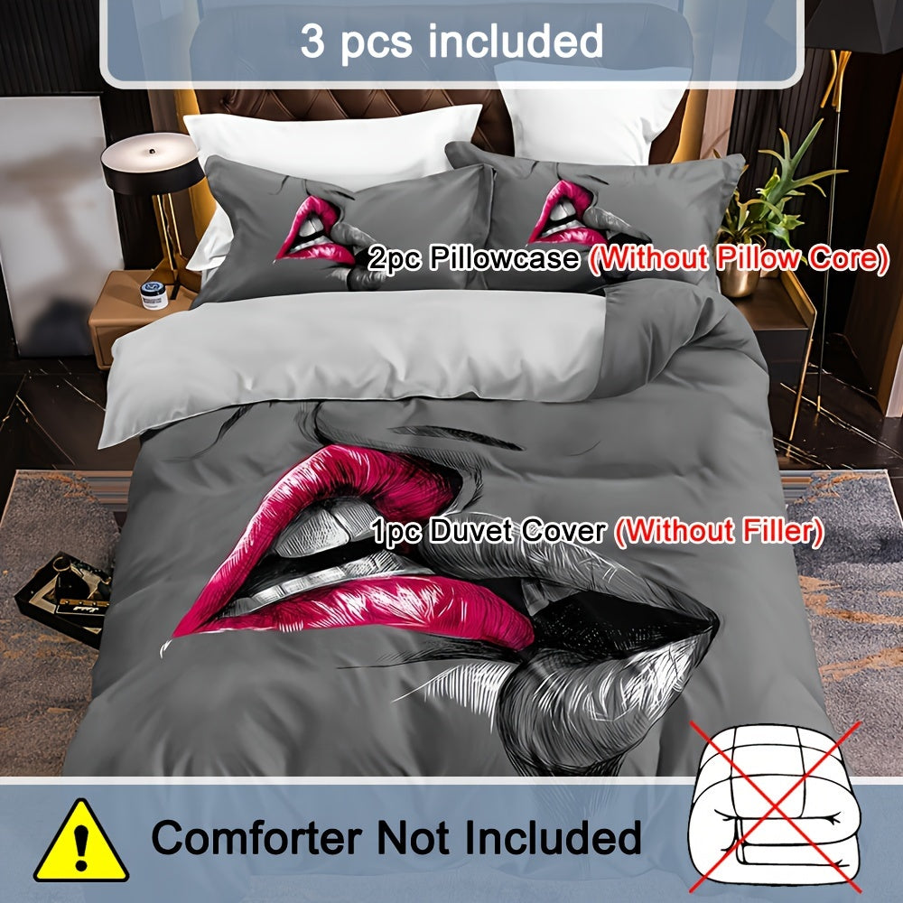 3pcs Couple Bedding Kiss Sketch Crimson Lips Kissing Guest Room Duvet Cover Set (1pc* Duvet Cover + 2pcs Pillowcase, No Pillow Core)