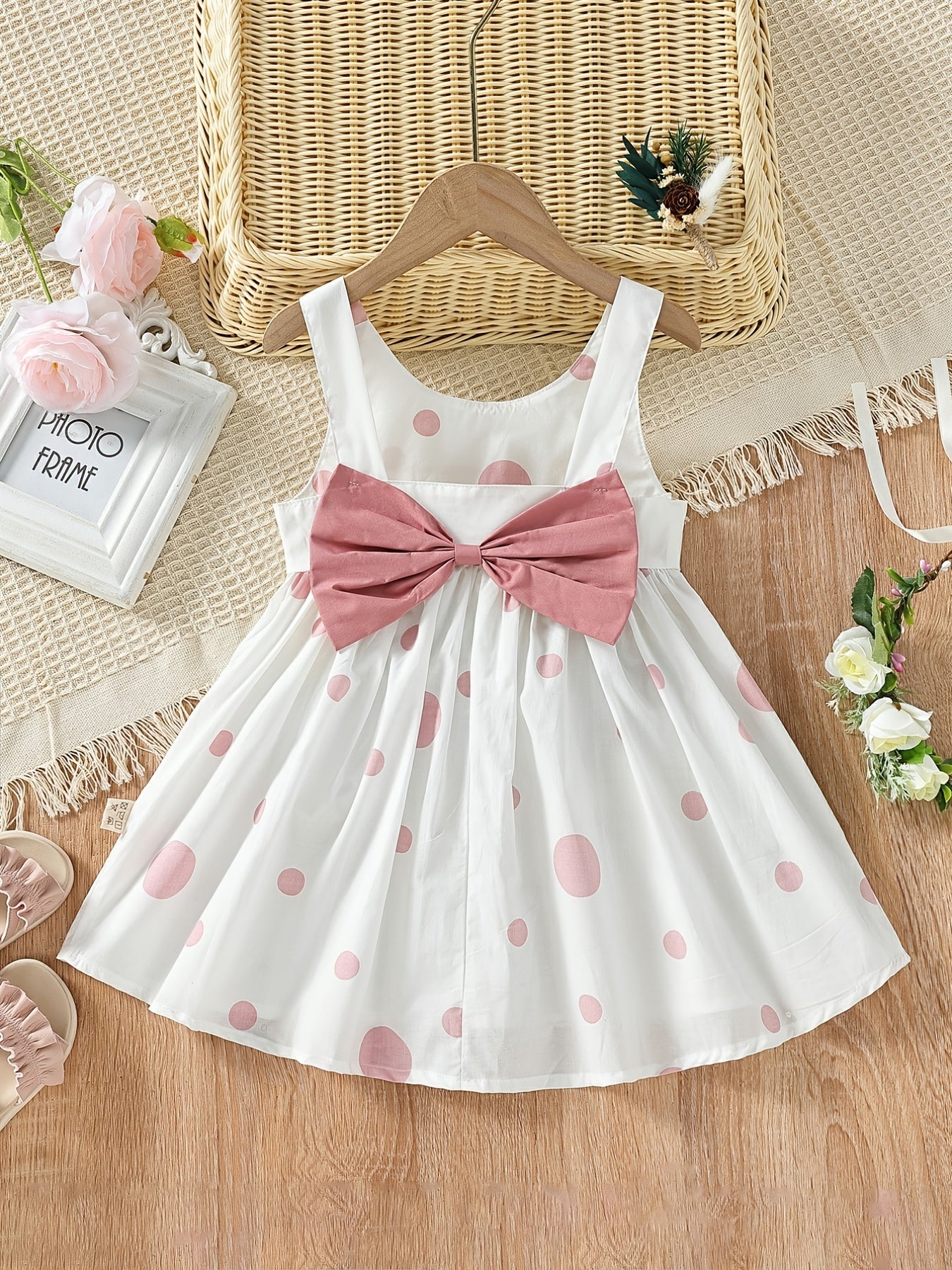 Girls' White Spaghetti Strap Dress with Red Polka Dots And Bow Decoration, a Cute Summer Outfit