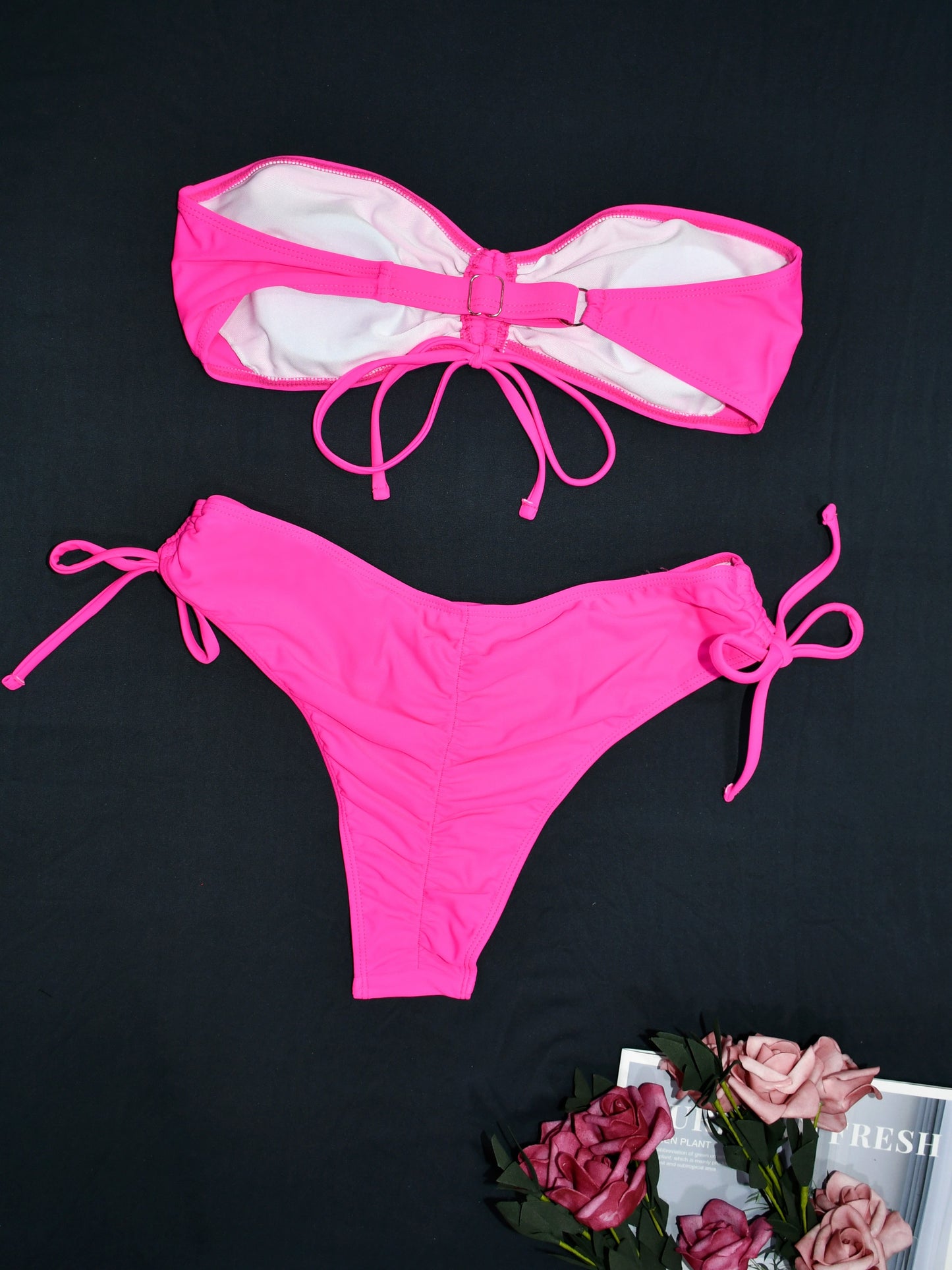 two pieces Women's Tie Front Bandeau Bikini Set with High Cut Drawstring Tie Side Bottoms - Stretchy and Comfortable Swimwear