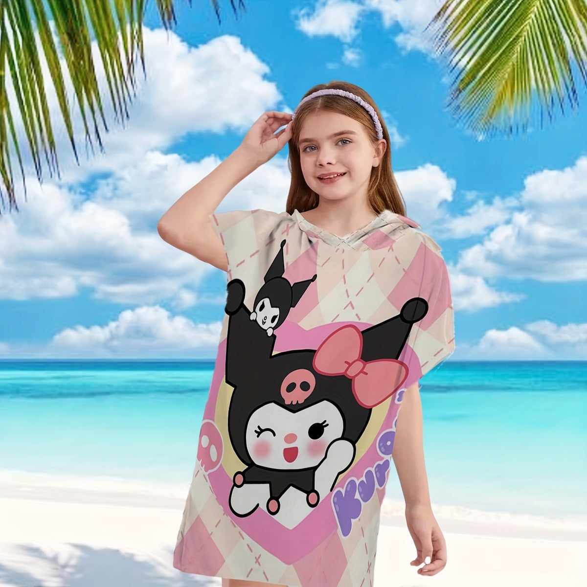 1pc Sanrio Kuromi Adult & Kids Wearable Beach Towel with Hood - Quick-Dry Microfiber Bathrobe, Cute Kuromi Character Swim Wrap, Machine Washable for Pool, Bath, Travel - Ideal for & Adults