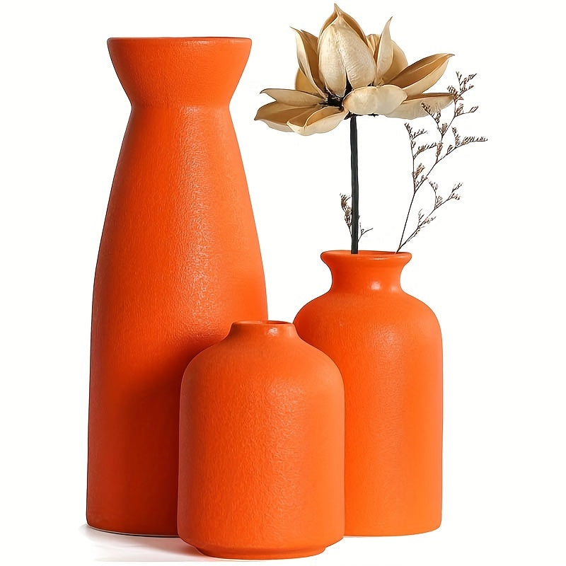 3-Piece Ceramic Matte Vase Set - Stylish & Rustic Chic Decor for Farmhouse Living - Modern Minimalist Centerpiece, Perfect for Pampas Grass, Dining Table, Bookshelf & Boho Home Aesthetics