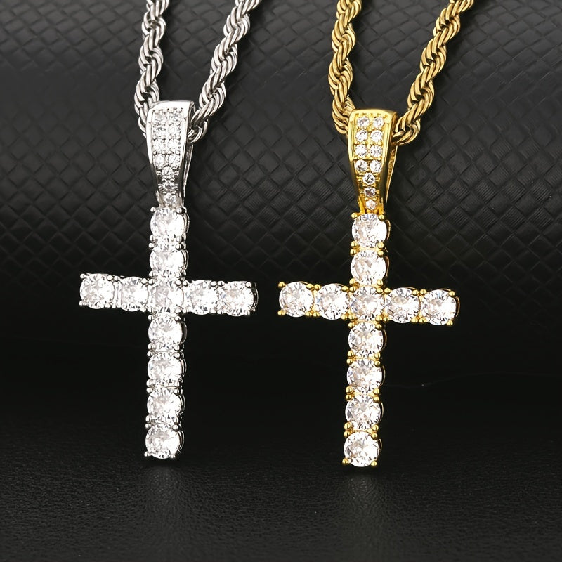 Hip Hop Cross Copper With 4mm Zirconia 14K Golden Plated Pendant Necklace