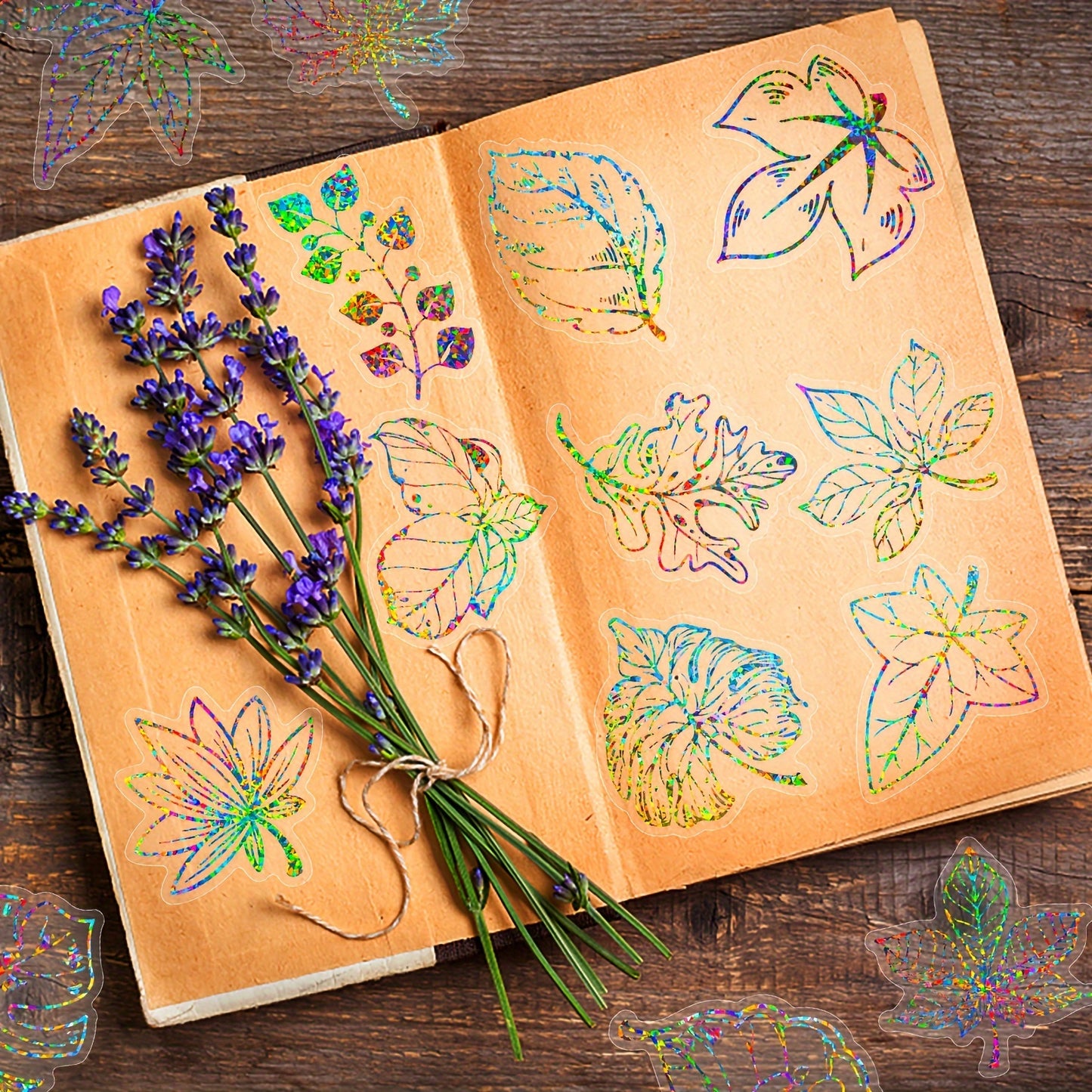 100pcs Laser-Cut Flower & Leaf Stickers - Iridescent Multicolor (UV Glow) Plastic Sheets for Journals, Scrapbooking, DIY Crafts, Laptops, Helmets - Irregular Flower Petals & Foliage Decals for &