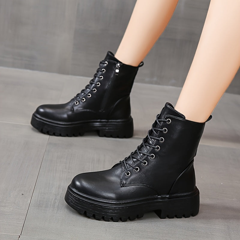 Women's Chunky Platform Round-Toe Ankle Boots with Thick TPR Sole & Faux Upper - Chunky Heel (1-2cm) Round Toe s, Black Faux & TPR Outsole for Casual, Office, Party - Round-Toe Booties