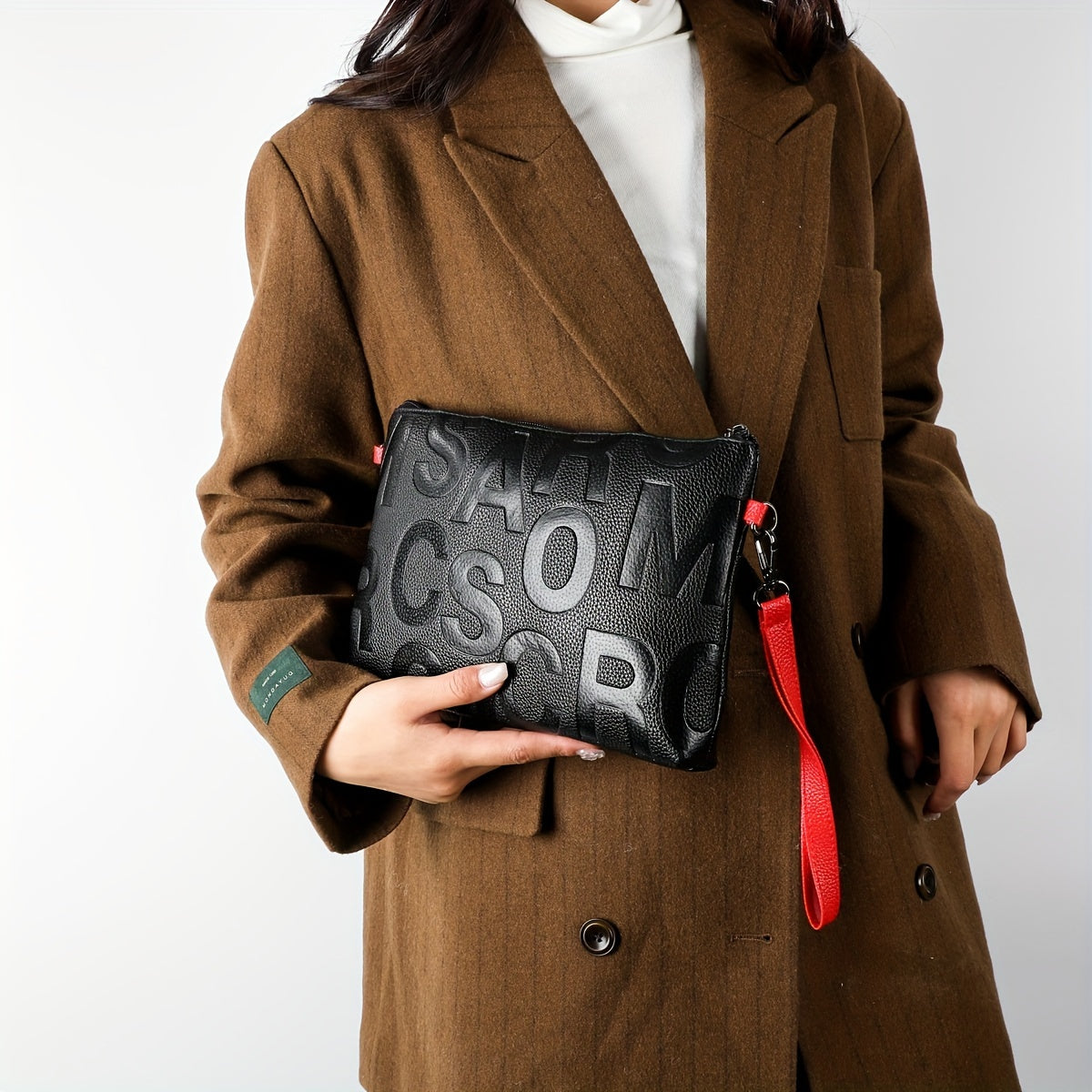 Chic Solid Color Letter-Embossed Handbag – Versatile, Foldable, Secure Zip & Removable Strap, Polyester-Lined for Daily Elegance (8.4x8.6x3.5) Inch