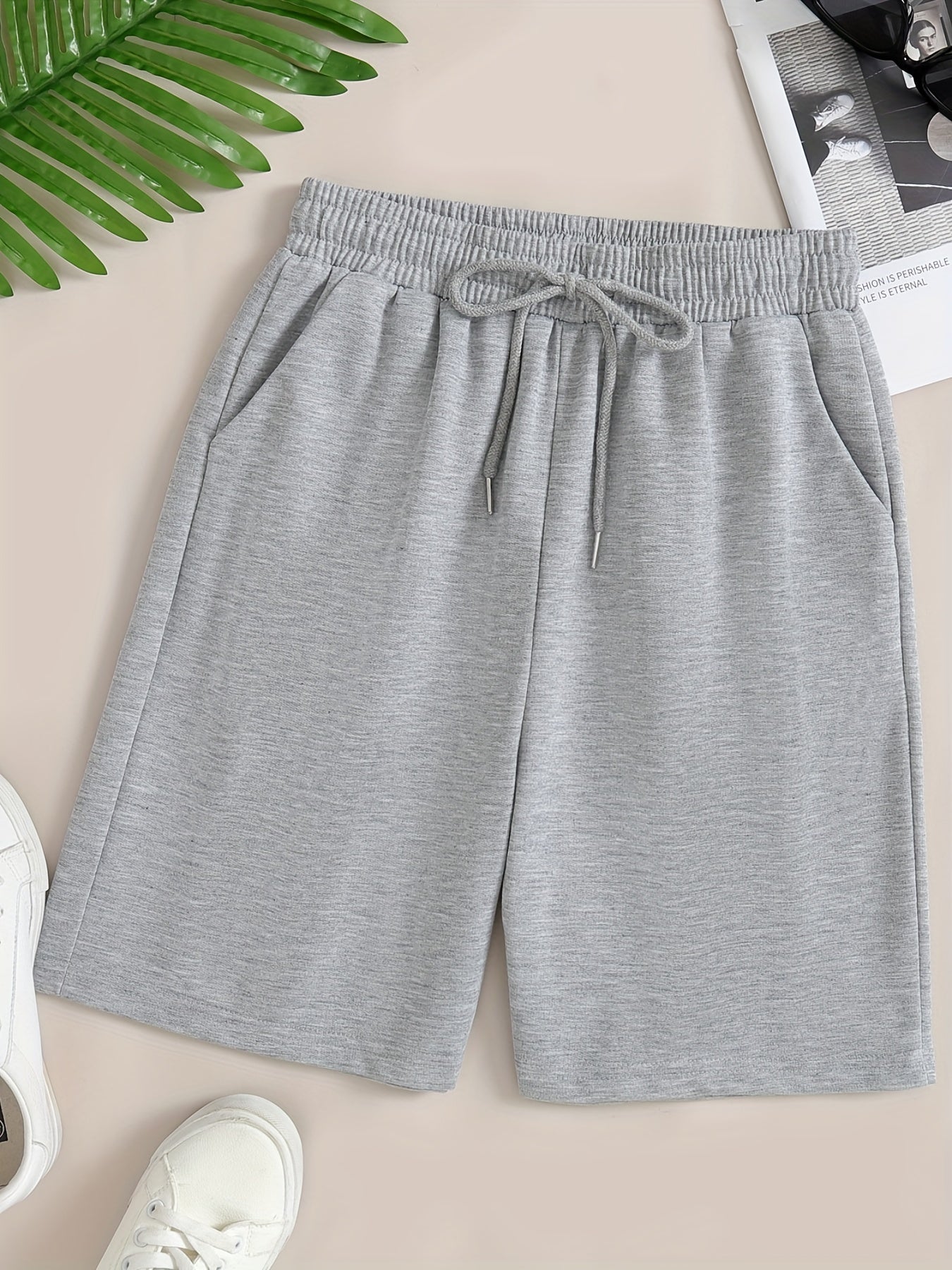Solid Sports Shorts With Pockets, Tie Waist Casual Every Day Shorts, Women's Clothing