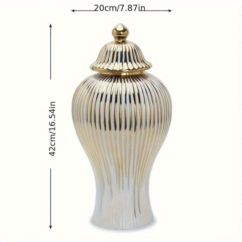 Elegant Ceramic Vase with Gold-Plated Trim - Striped Design for Home Decor, Perfect for Living Room & Entryway