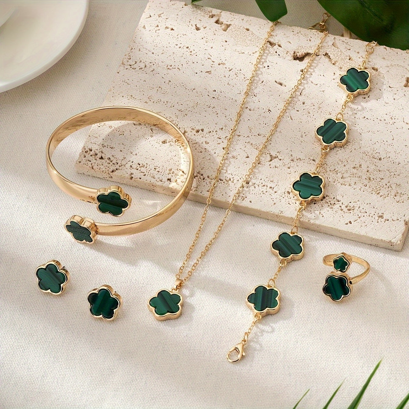 Exquisite Flower Design Stud Earrings & Necklace & Ring & Bangle & Bracelet Elegant Simple Style Delicate Jewelry Set