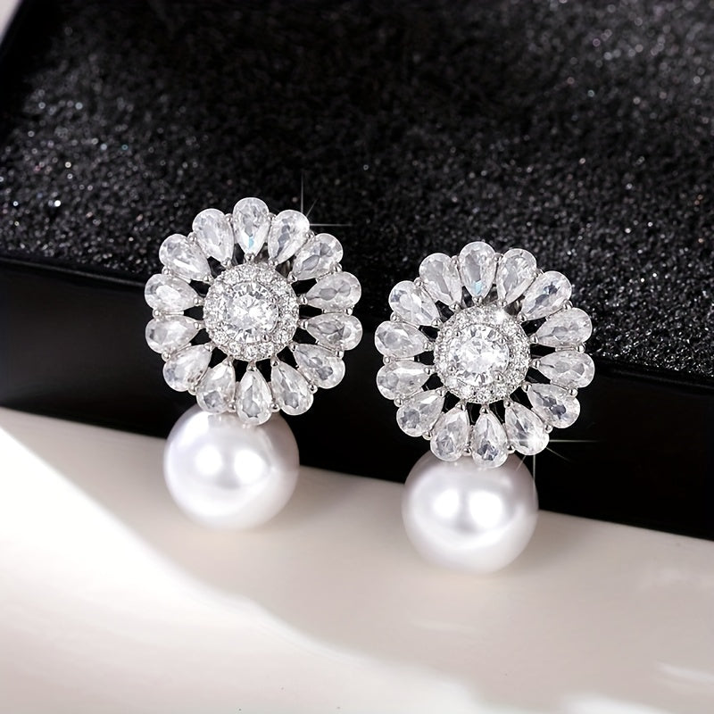 Fashion Flower zirconia Imitation Pearl Drop Earring For Women