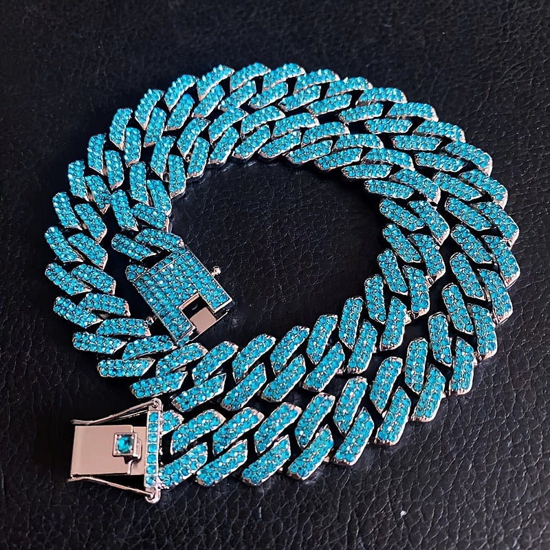 Men's Cuban Link Iced Out Necklace with Color Chains and Paved Rhinestones, Rapper CZ Cuban Chain Necklace for Women, Hip Hop Jewelry Gift
