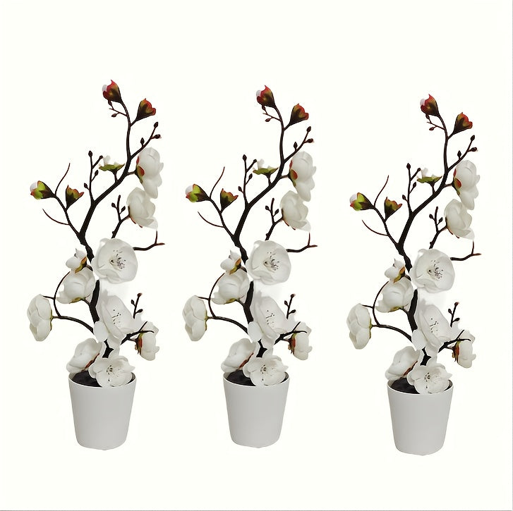 3pcs Elegant Artificial Plum Blossom Set with Vase - Faux Greenery, Simulated Potted Plant, Home Decor and Tabletop Filler, Perfect for Weddings, Festivals, Valentine's Day, Office, DIY Decorations, All-Season Artificial