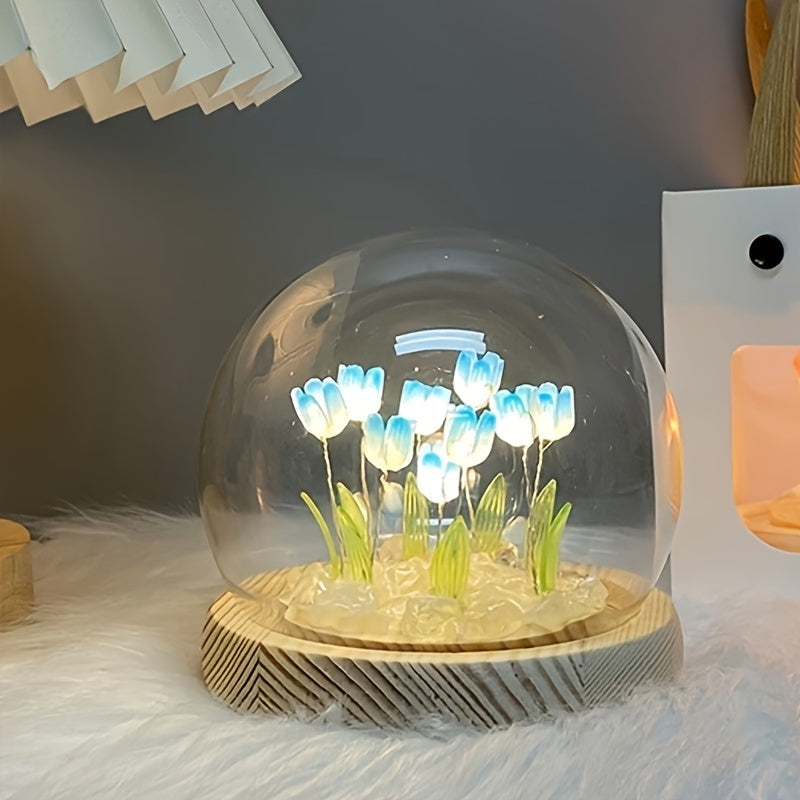 1pc Tulips Gifts For Women Flower Gifts For Her Gifts For Women Birthday Xmas Gift For Mom, Artificial Decor In Glass Dome With Led Light Night Light, Women Gifts For Her, Mom, Christmas Gift