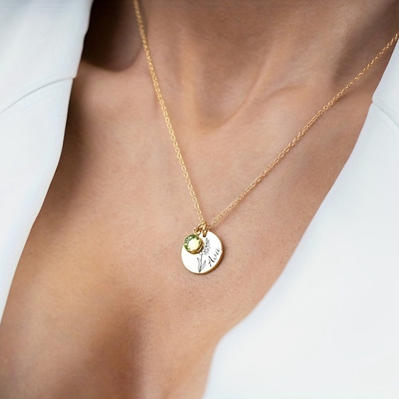 Birth Flower Engraved Necklace - Personalized Name Necklace with Birthstone and Customizable Record Time - Unique Mom Grandma Gift Idea with 12 Varieties of Birth Gemstones