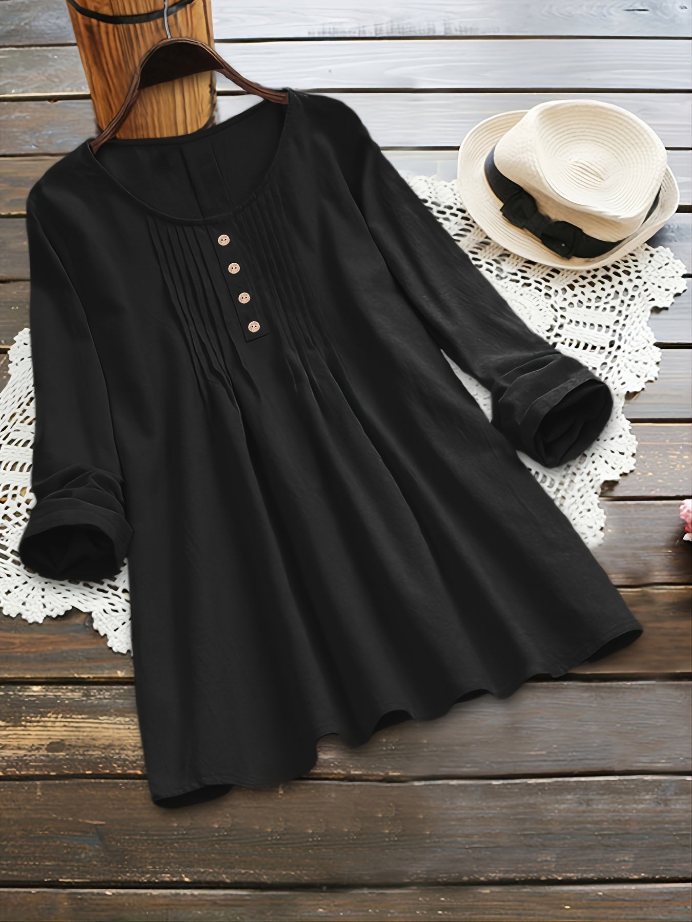Plus Size - Plus Size Women'S Long Sleeve Loose Fit Round Neck Blouse - Light Green Pleated Casual Shirt with Button Details, Non-Stretch Fabric, Perfect for Spring/Fall, Ladies Blouses