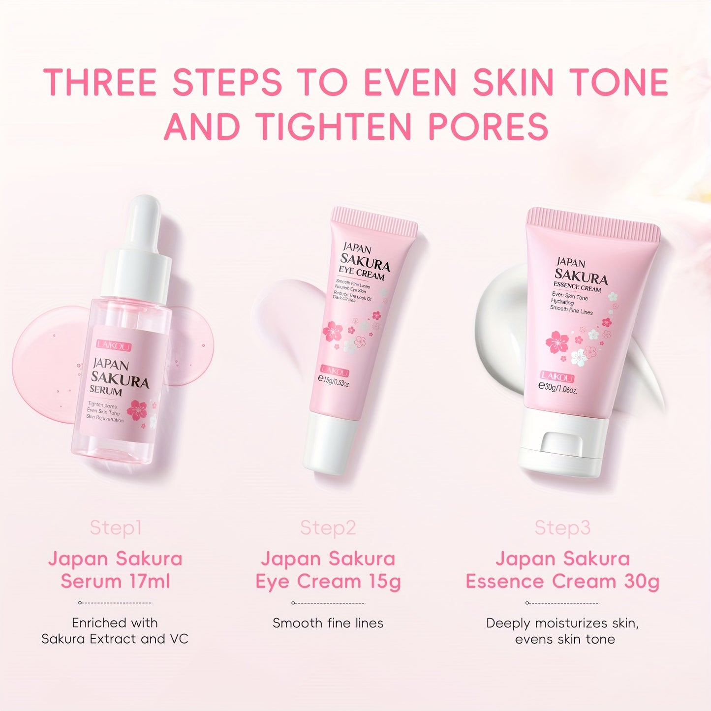 3-Piece LAIKOU Sakura Skin Care Set - Rejuvenating, Moisturizing, and Firming for Radiant Skin - Includes 17ml Serum, 30g Face Cream, and 15g Eye Cream