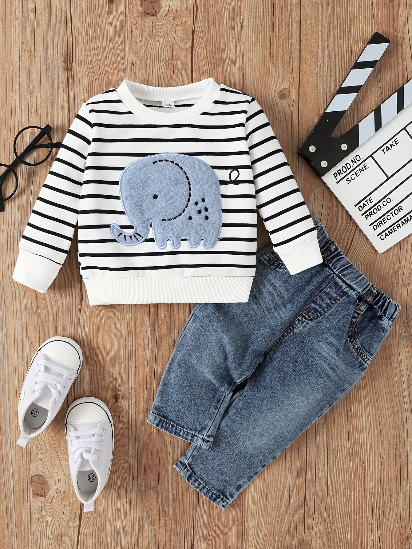 2pcs Infant Baby Boy Cute Striped Elephant Pattern Long Sleeve Top & Denim Trousers Outdoor Set For Spring And Autumn