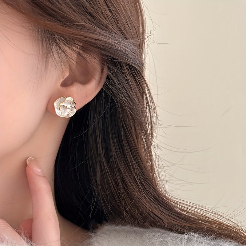 925 Silver Ear Post Elegant Camellia Flower Stud Earrings, Vintage Style, Alloy, Women's Fashion Jewelry, All-Season Accessory for Daily & Vacation Wear