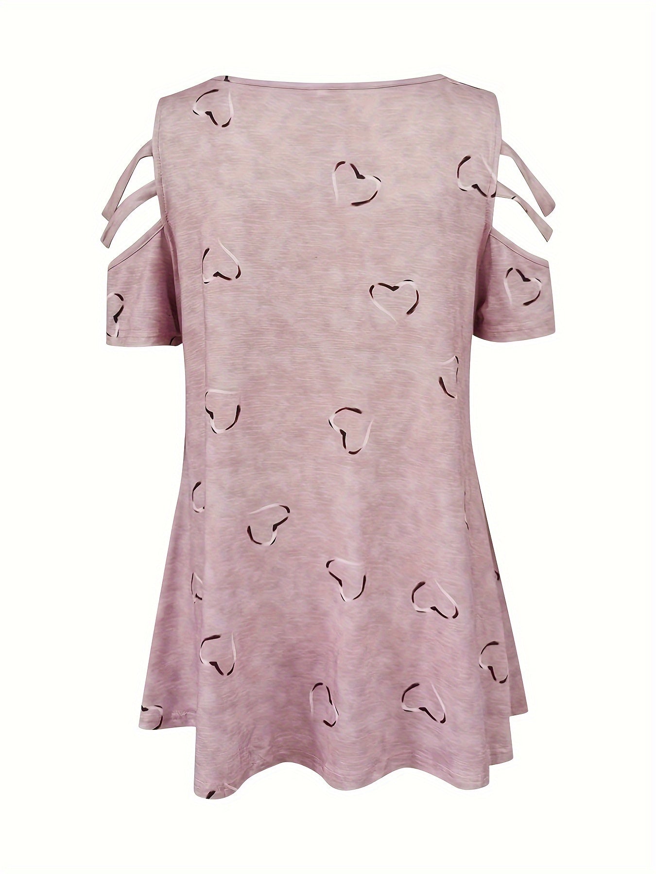 Heart Print Cut Out T-Shirt, Zipper V Neck Short Sleeve T-Shirt, Casual Every Day Tops, Women's Clothing