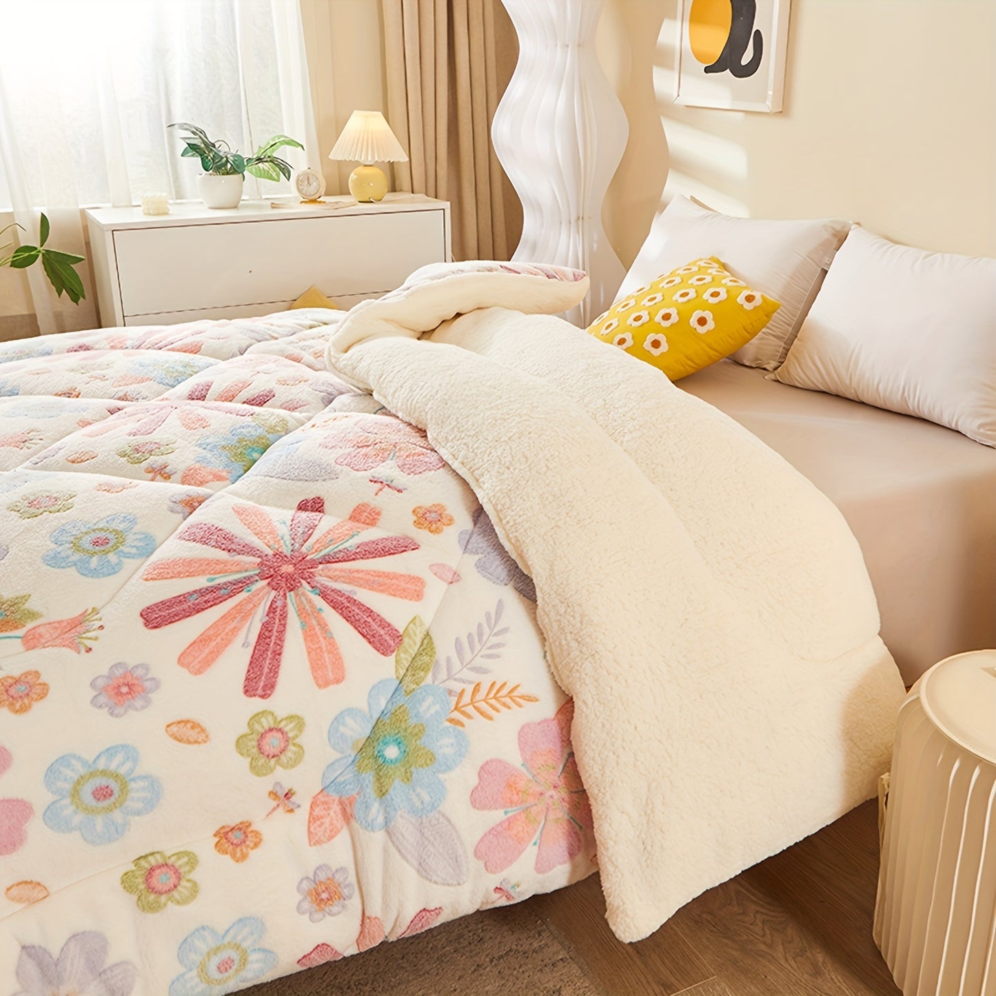 1pc Soft Warm Flower Fleece Printed Winter Polyester Comforter, Autumn And Winter Bedding Suitable For Bedroom, Guest Room
