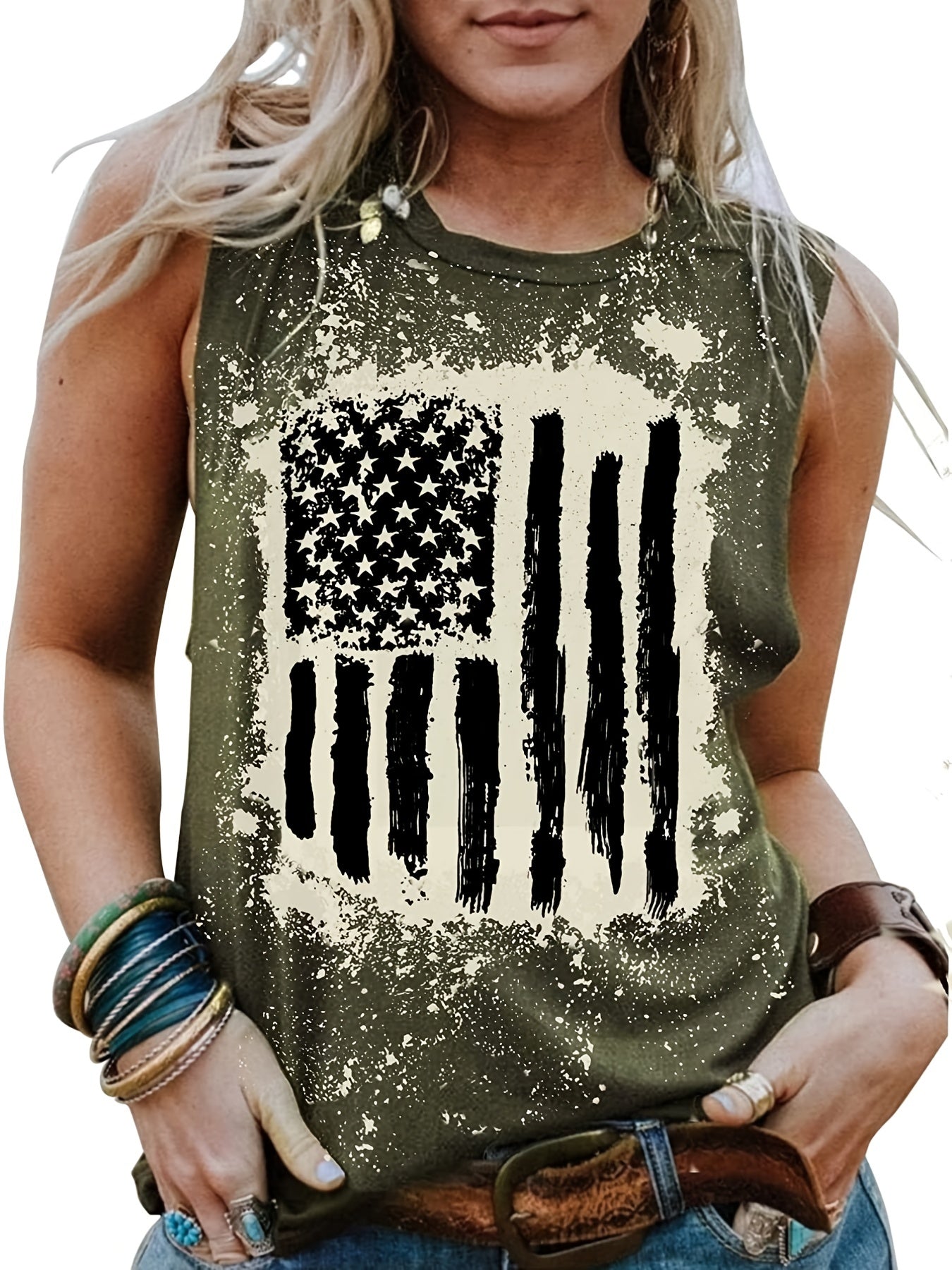 Flag Print Sleeveless Tank Top, Vintage Summer Crew Neck Tank Top, Women's Clothing