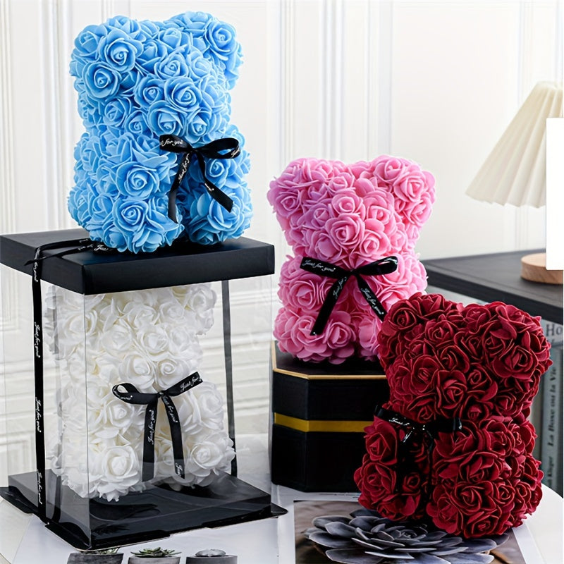 20cm Deluxe Artificial Rose Bear Flower Arrangement - Exquisite Foam Roses in Decorative Container for Romantic Home Decor, Festive Celebrations, and Thoughtful Gift-Giving - Perfect for Valentine's Day, Mother's Day, Anniver
