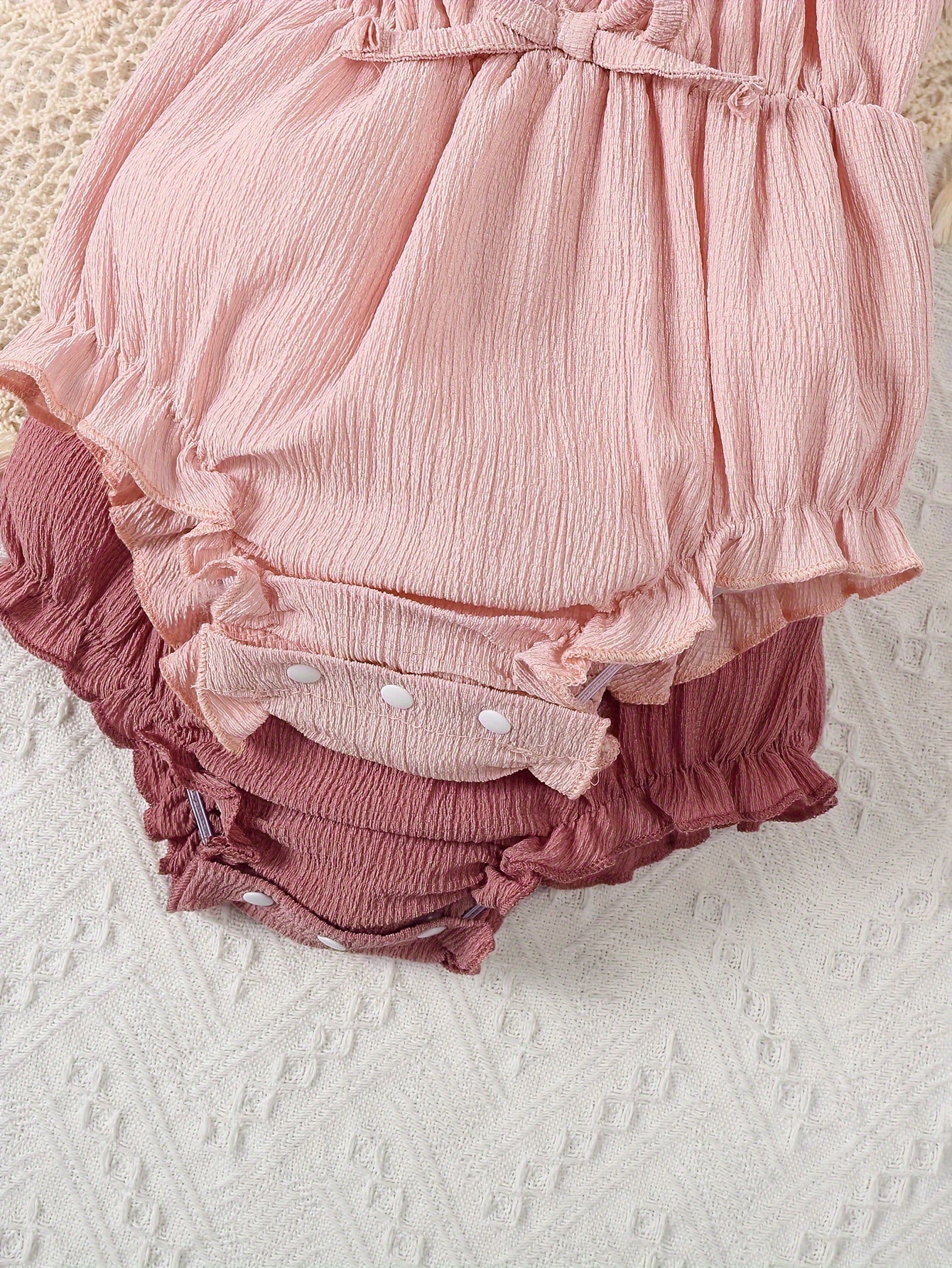 JOPGEEY 2pcs Soft & Stylish Baby Girl Rompers - Solid Color, Bubble Texture with Ruffled Trim, Perfect for Summer Outings, Perfect for Outdoor