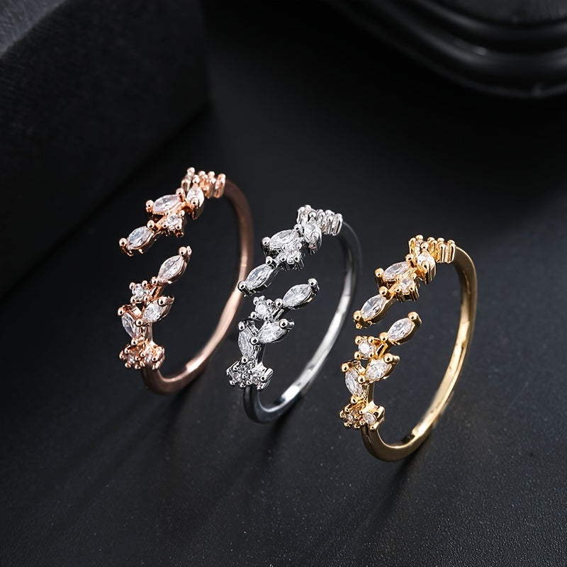 1pc Elegant Leaf Design Ring, Copper Material, Synthetic Zirconia Mosaic, Perfect for Daily and Party Occasions