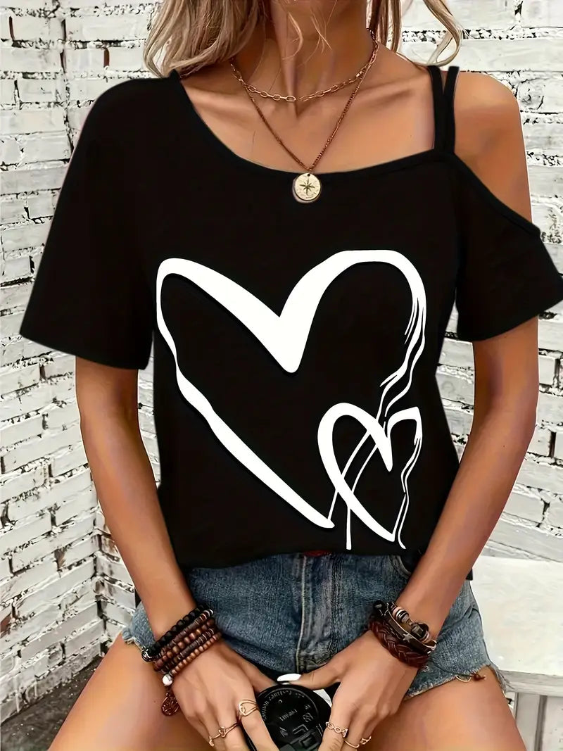 Heart Print Cold Shoulder T-shirt