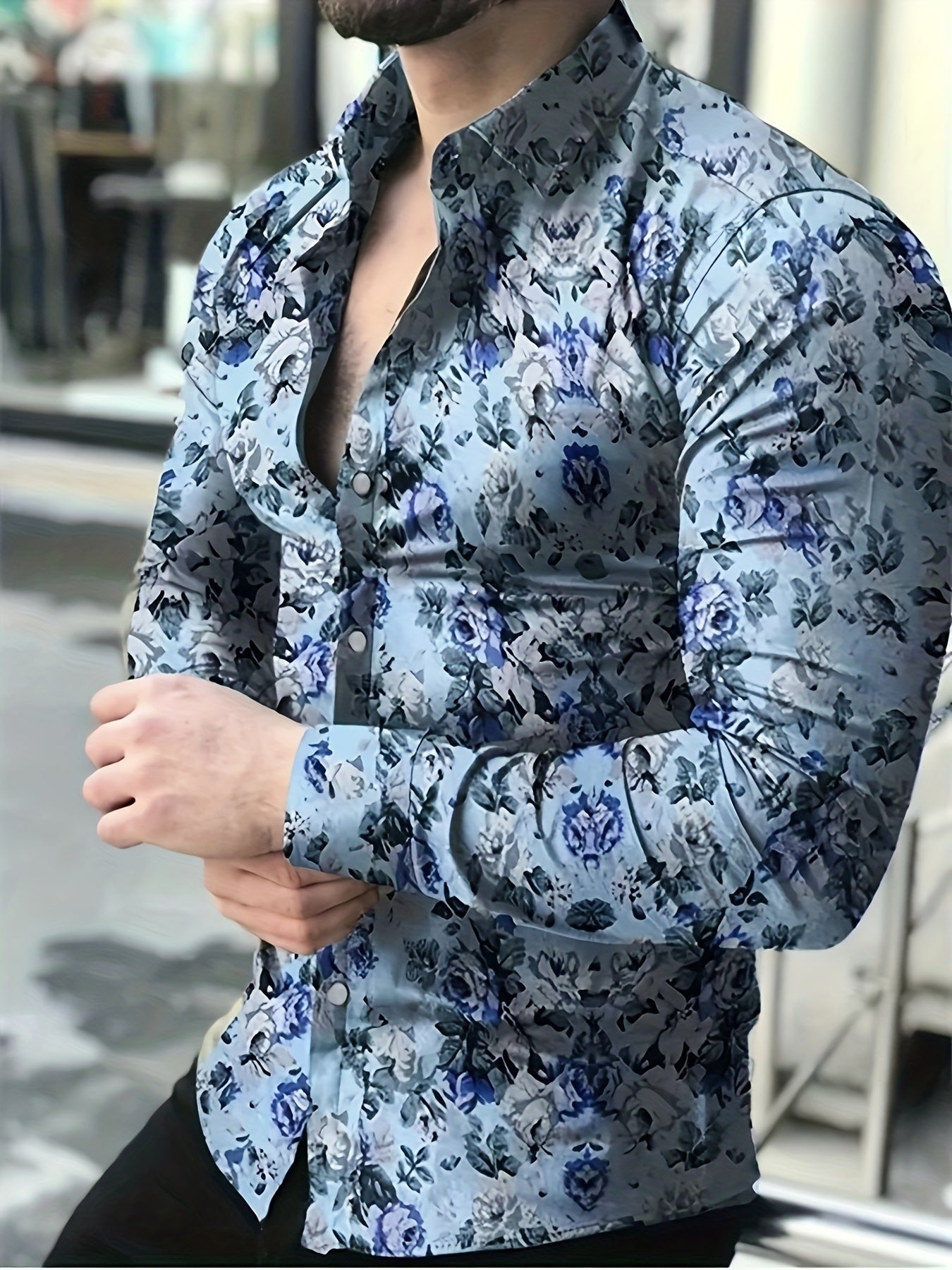 Retro Style Flower Print Men's Casual Long Sleeve Button Up Lapel Shirt, Spring Fall