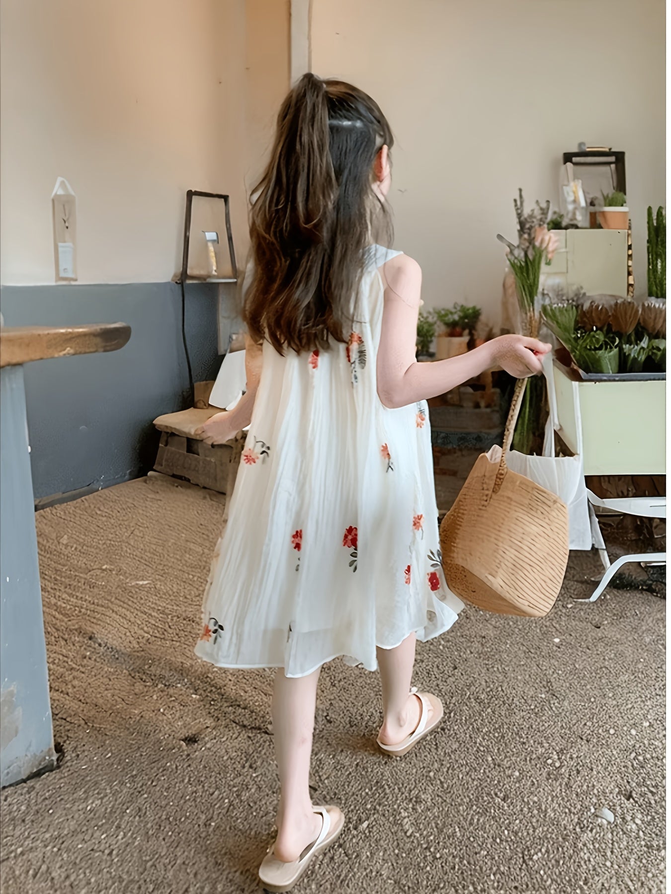 Summer New Bohemian Style Flower Embroidery Mesh Overlay Dress | Sleeveless, Non-Stretch Fabric, Flared Hem, Round Halter Neck, Ideal for Casual and Travel Vacation, Little Thin Princess Dress