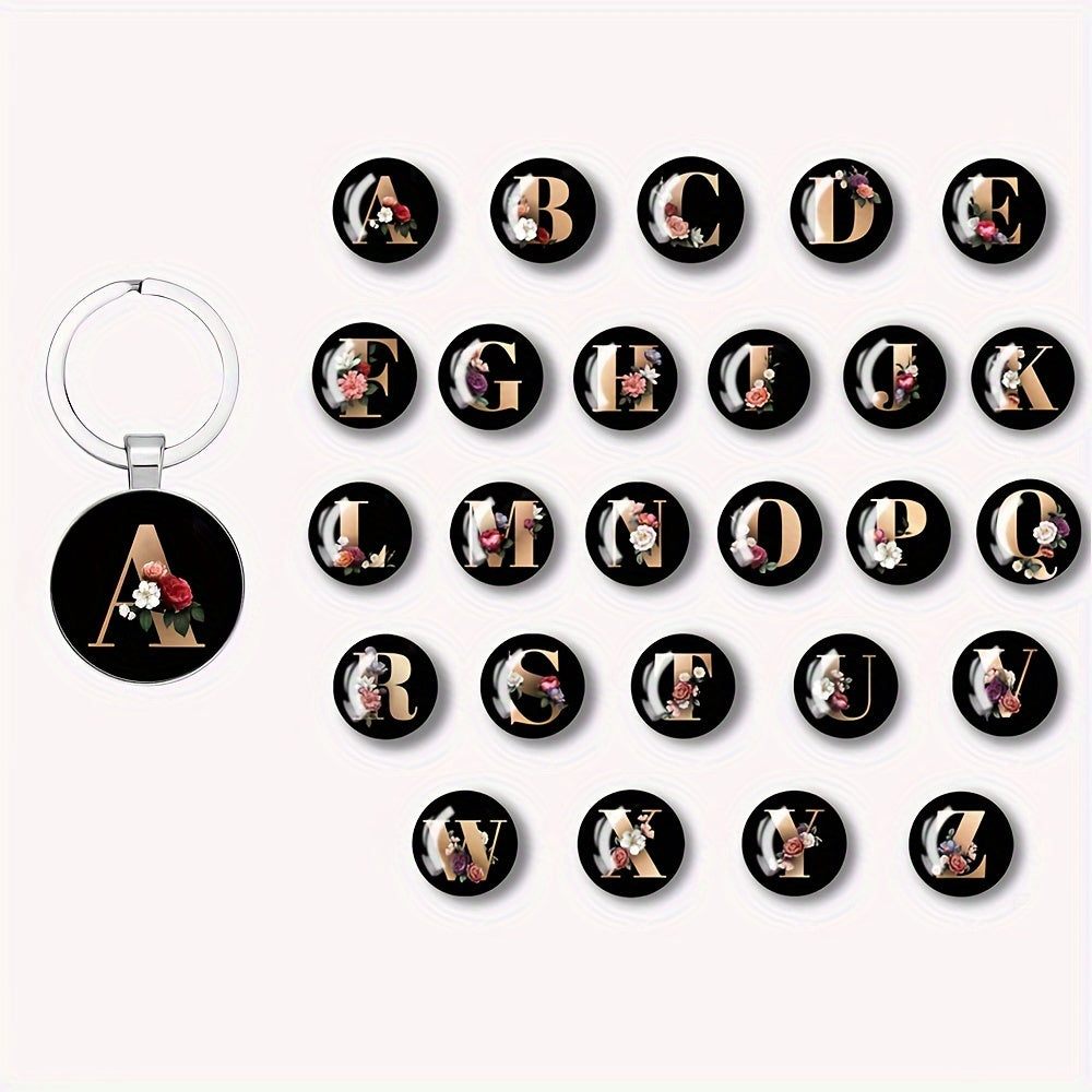 1pc Elegant Floral Alphabet Glass Keychain, Round Character-Themed Alloy Keyring, Romantic Collegiate Style Accessory, Ideal for Birthday, Anniversary, Graduation, Bridal Shower Gifts, and Festive Occasions - Christmas, Hallo