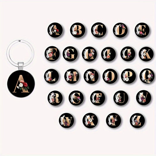 1pc Elegant Floral Alphabet Glass Keychain, Round Character-Themed Alloy Keyring, Romantic Collegiate Style Accessory, Ideal for Birthday, Anniversary, Graduation, Bridal Shower Gifts, and Festive Occasions - Christmas, Hallo