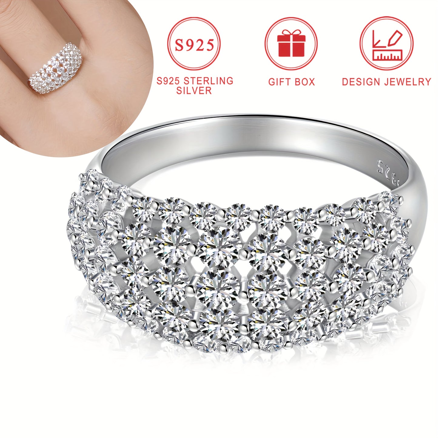 S925 Sterling Silvery Wide Version Ladies Ring Curved Diamond-studded Synthetic Zirconia Ring Ladies Stylish Design High Quality Ring Bead Jewelry Lovers Day Mothers Day Ramadan Eid al-Fitr Holiday Gift gift box