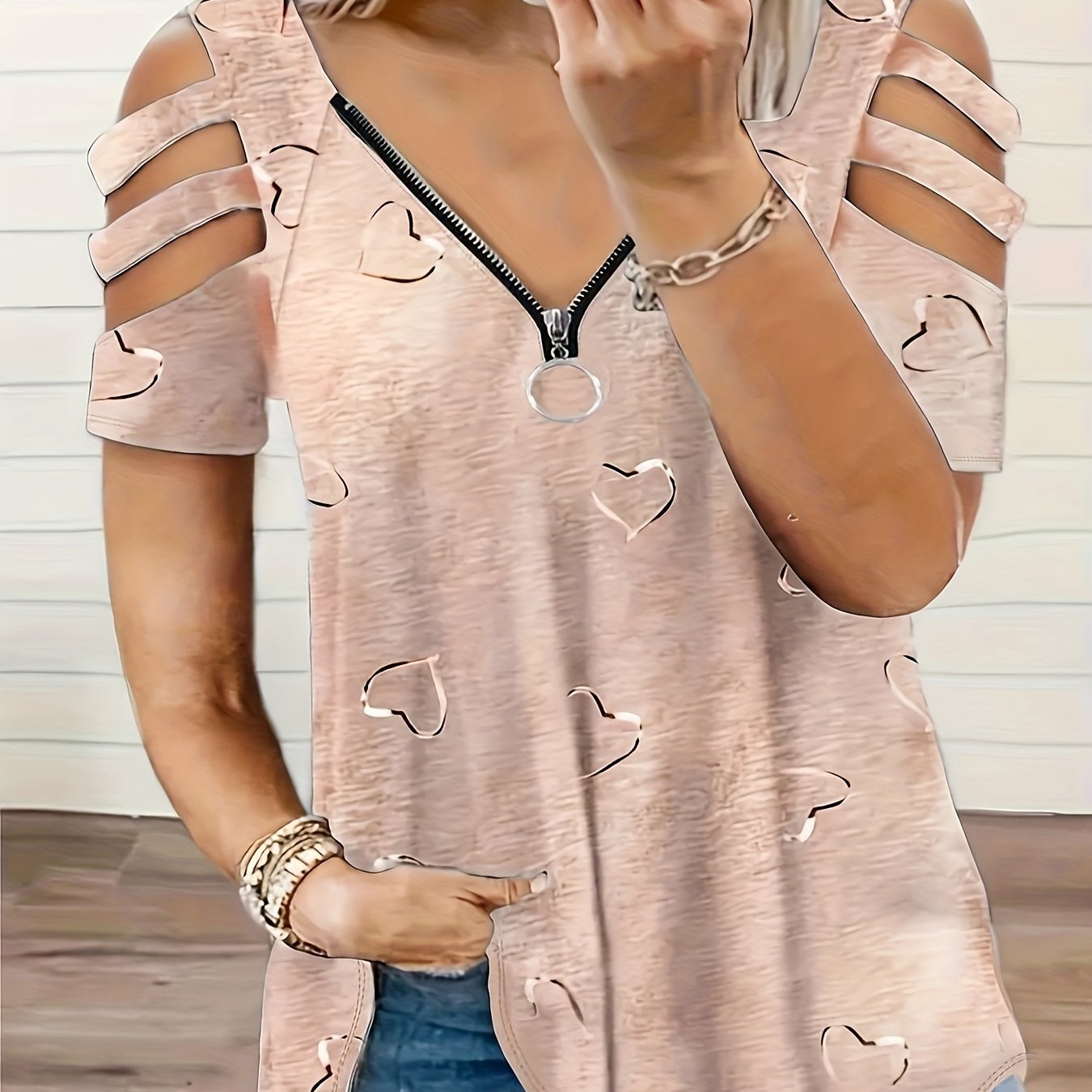 Heart Print Cut Out T-Shirt, Zipper V Neck Short Sleeve T-Shirt, Casual Every Day Tops, Women's Clothing