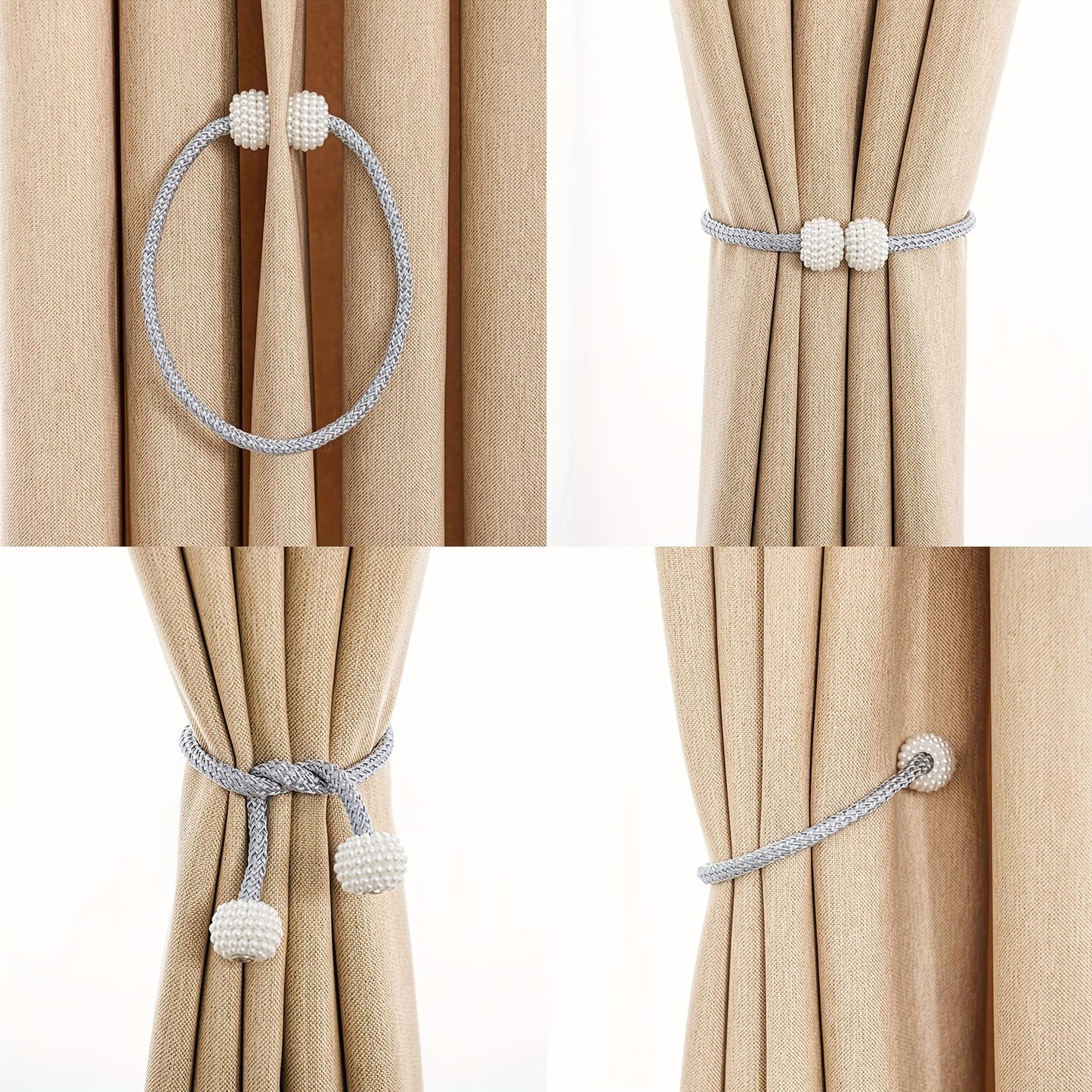 2pcs Elegant Magnetic Curtain Tiebacks - Contemporary Polyester Rope Holdbacks with Pearl-Like Beads, Decorative Window Drapery Ties for Home & Office Decor, Stylish Curtain Tieback|Contemporary Design|Bead Detailing