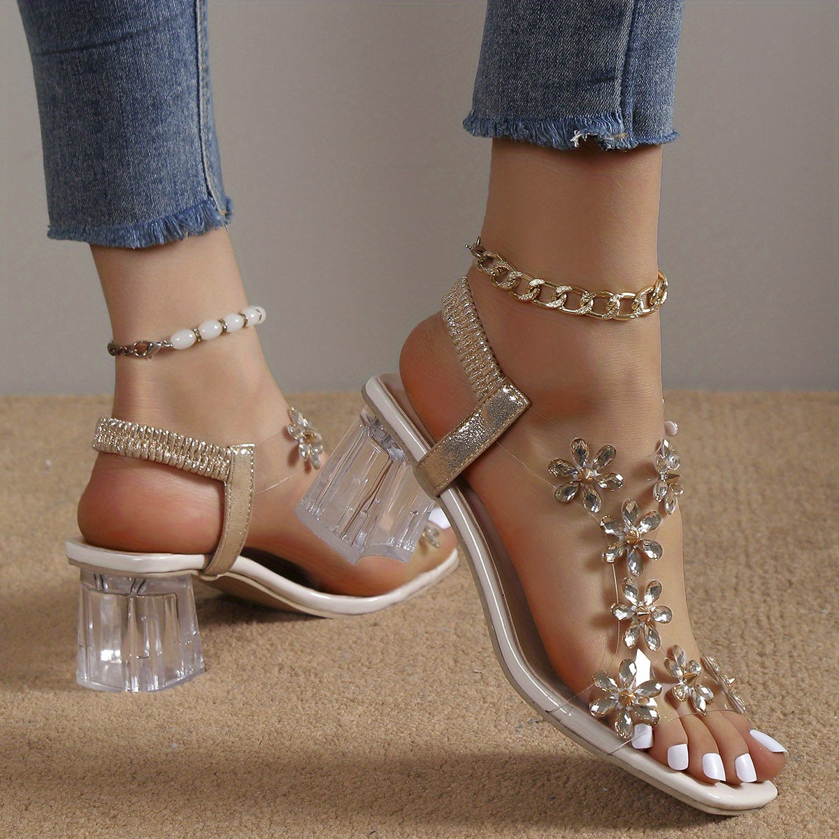 Women's Flower Rhinestone Block Heel Sandals, Fashion Square Open Toe Elastic Strap Slip On High Heels, Versatile Sandals