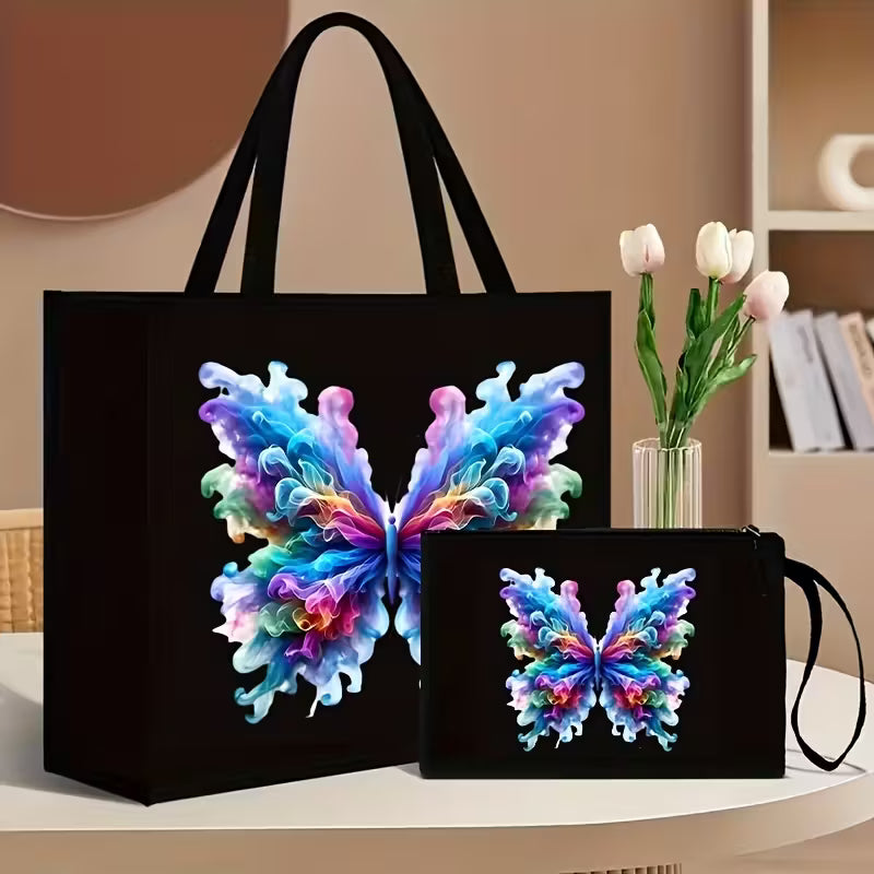 2pcs Floral and Butterfly Print Tote Bag Set with Matching Wallet