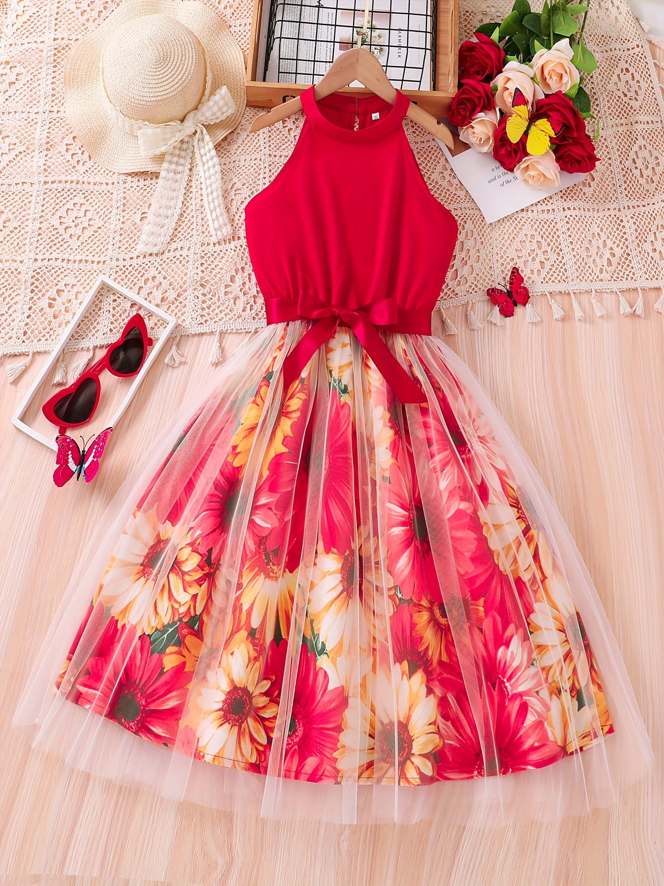 [Elegant Dress] Elegant Summer Party | Girls Splicing Flower Graphic Halter Neck Mesh Dress Tutu Dress | Gift