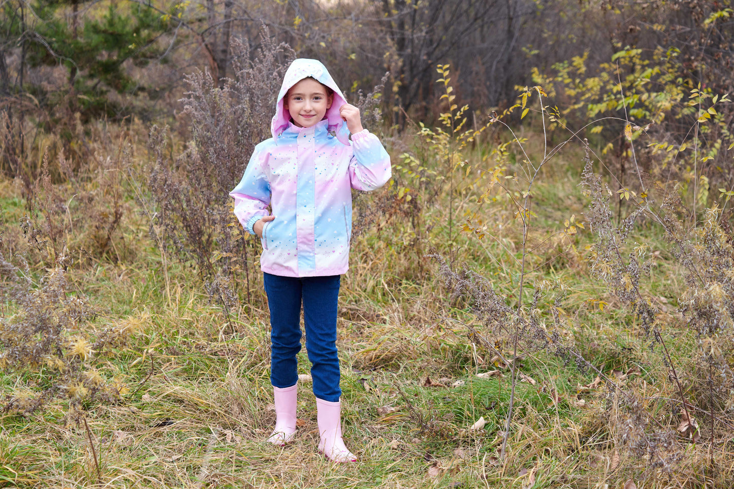 Girls' Gradient Color Hooded Jacket - Lightweight Windproof Winter Coat with Removable Hood, Zipper Closure & Animal Print Design for Casual Outings & Outdoor Play, Hooded Coat, Playful Design