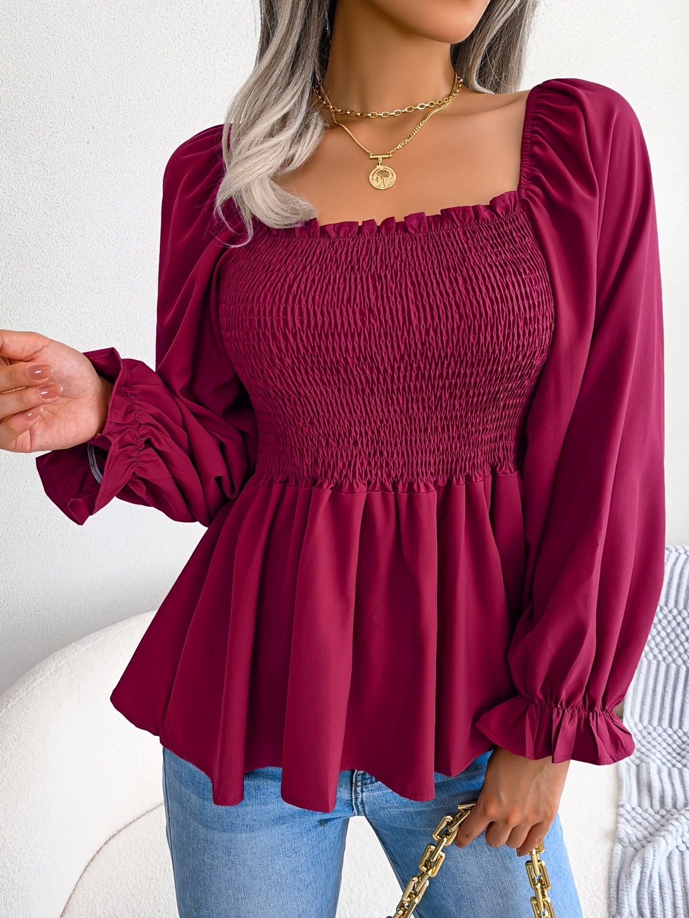 Shirred Lantern Sleeve Shirt, Casual Squared Neck Pleated Ruffle Trim Solid Shirt, Women's Clothing Wedding holiday vacation